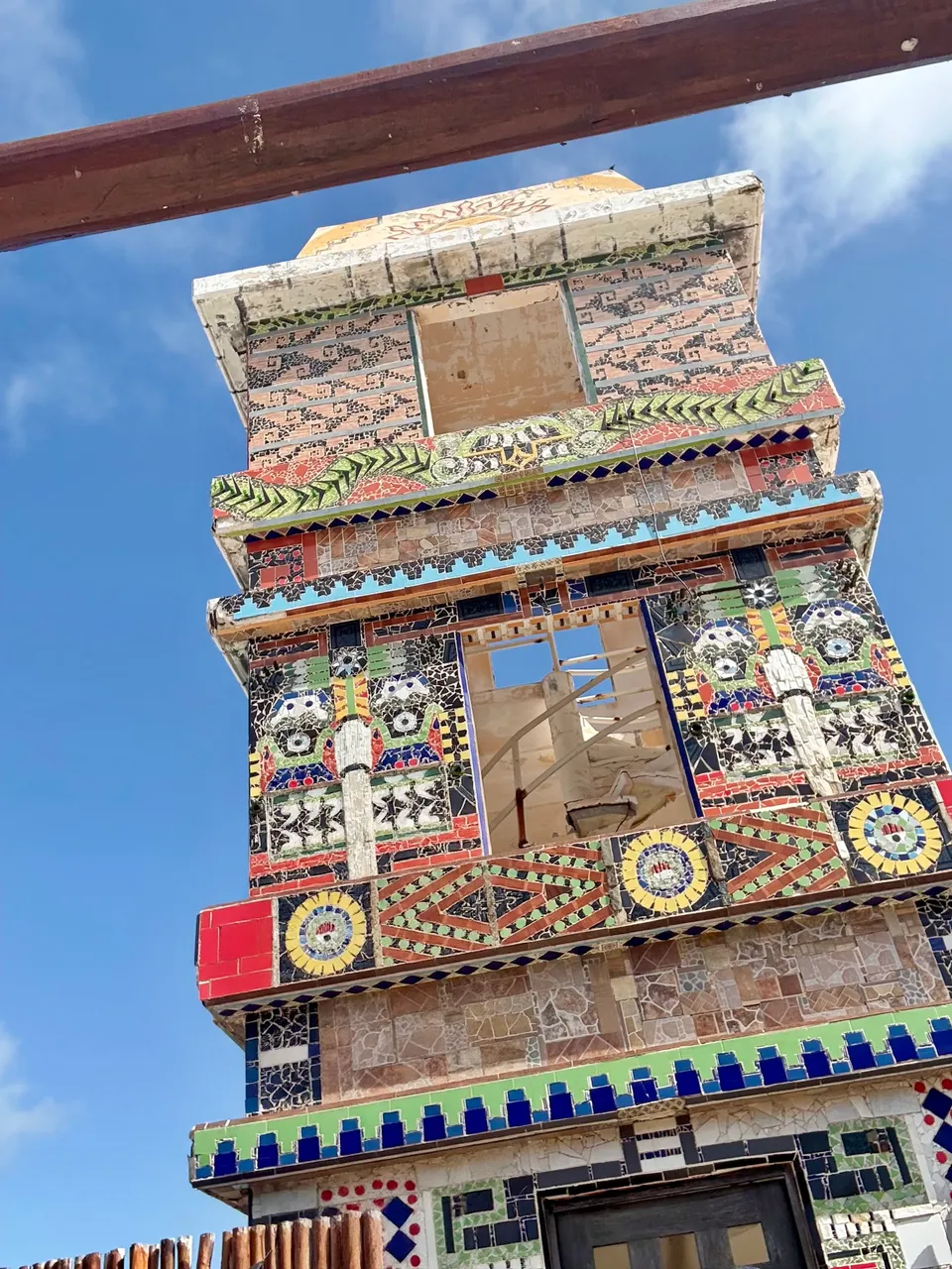 Colorful mosaic decoration on a tower inside the Costa Maya cruise-port complex