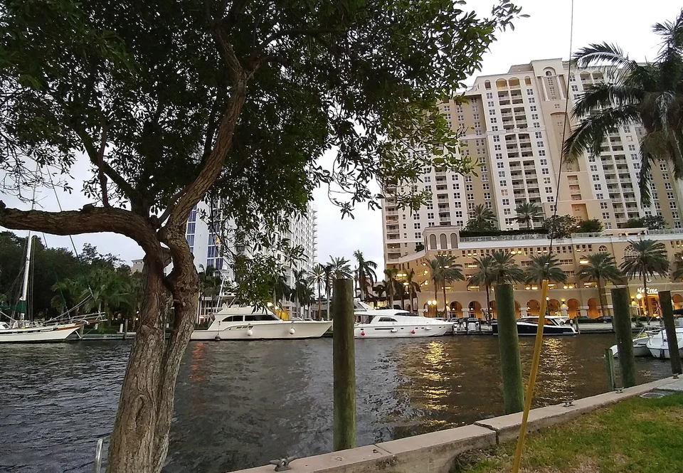 Fort Lauderdale Riverwalk beside the New River at dusk