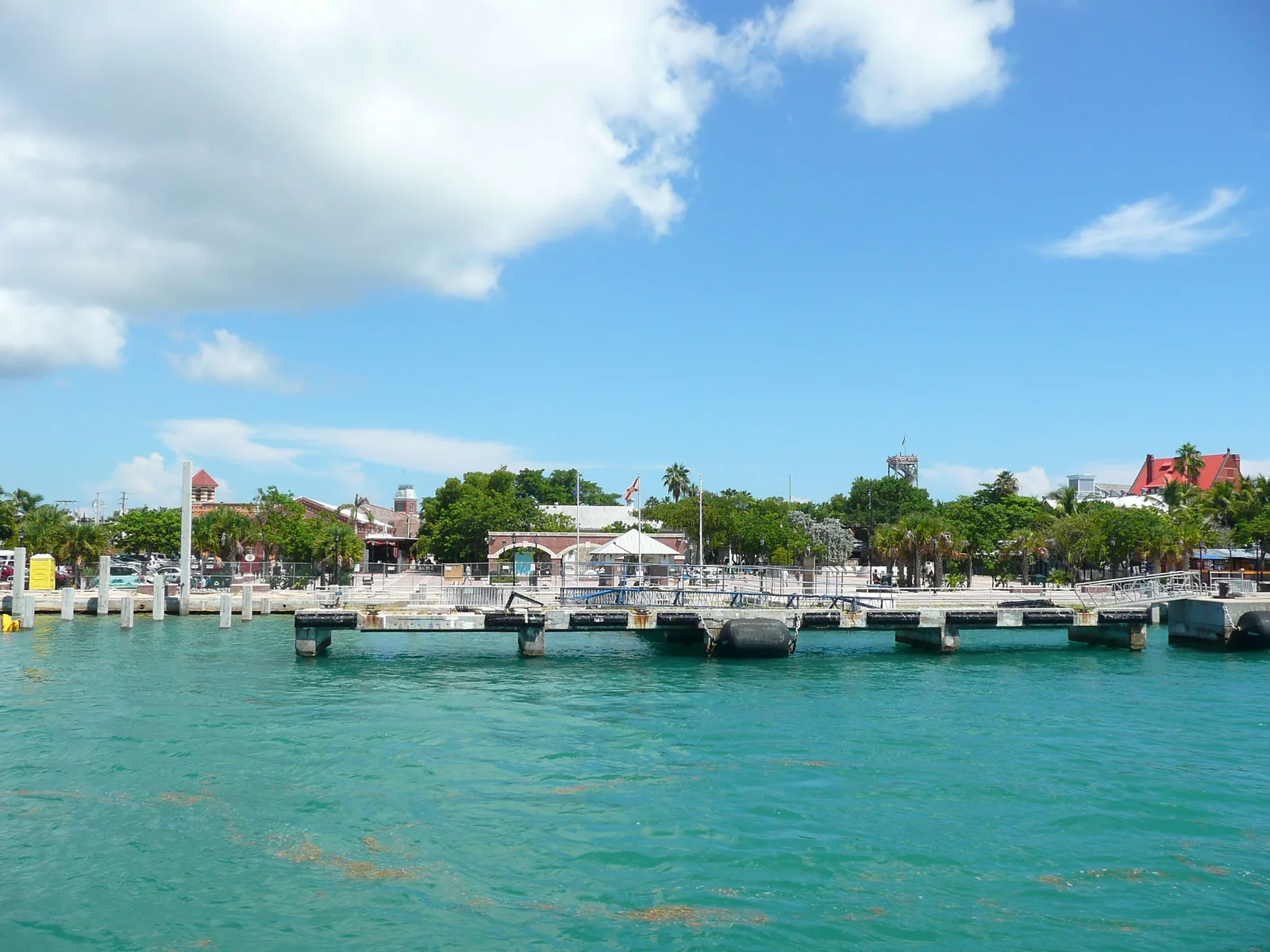 Mallory Square waterfront and palm-lined buildings in Key West, seen from the water