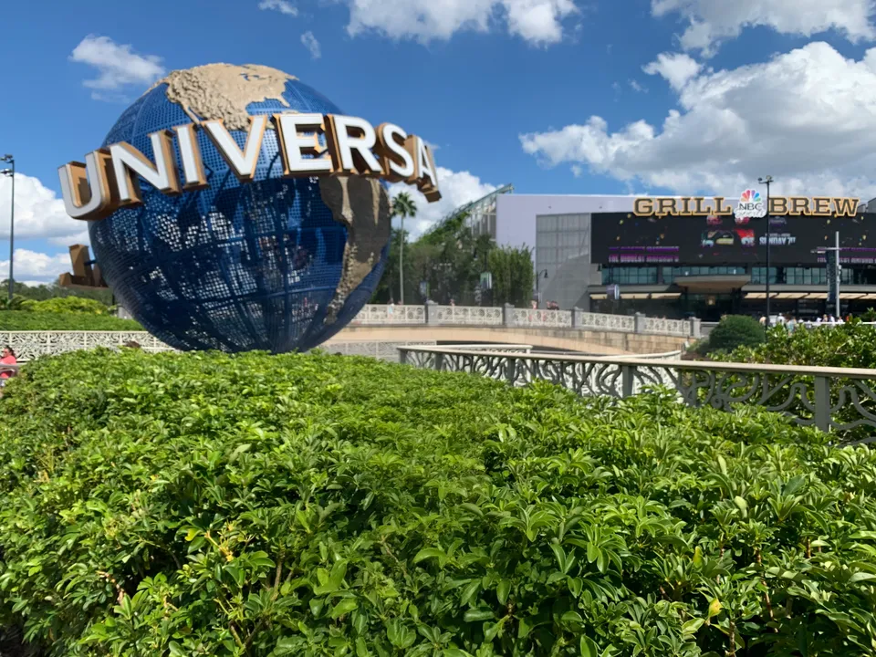 Universal globe beside the water at the CityWalk approach