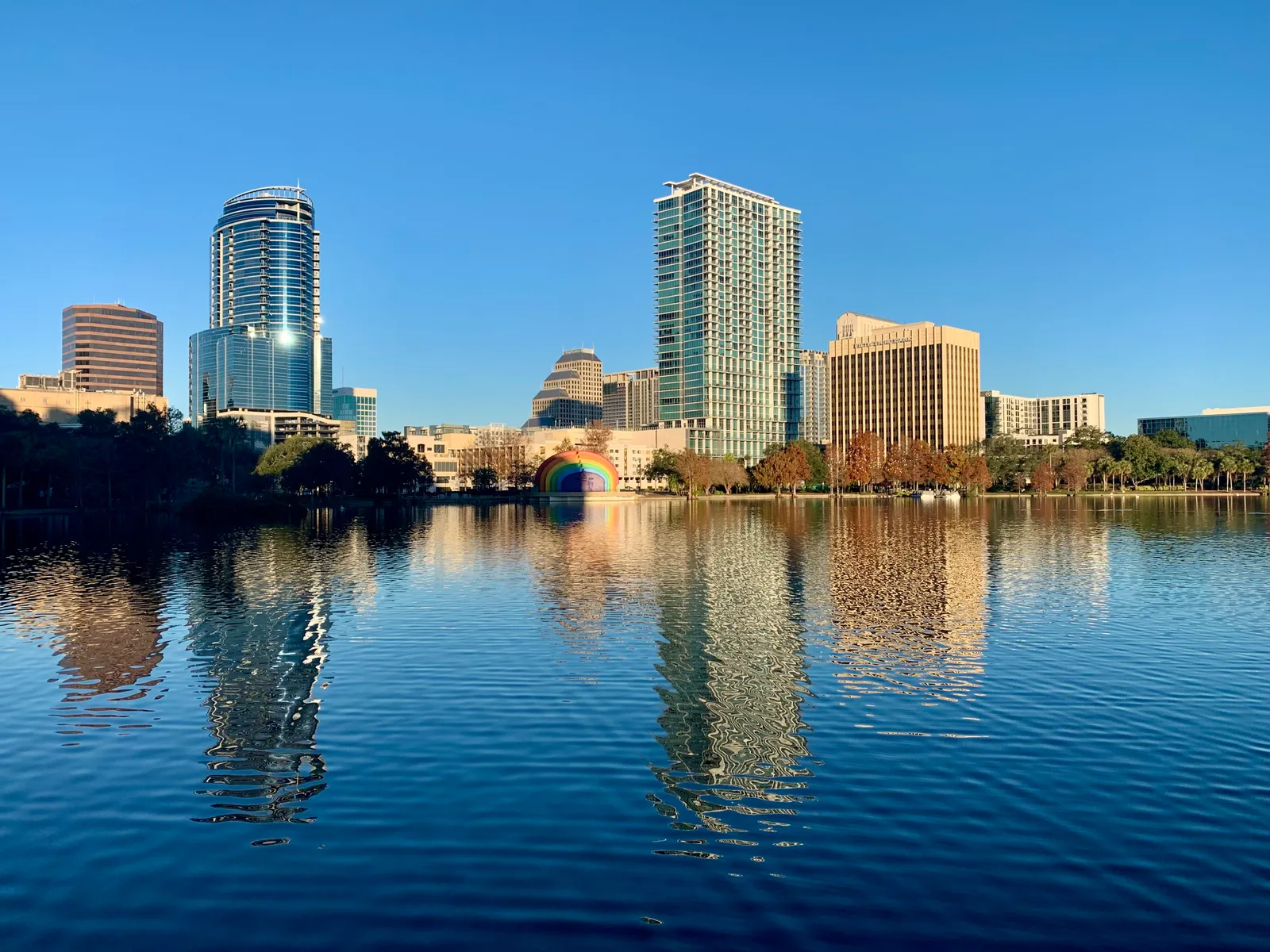Lake Eola skyline reflected in the water