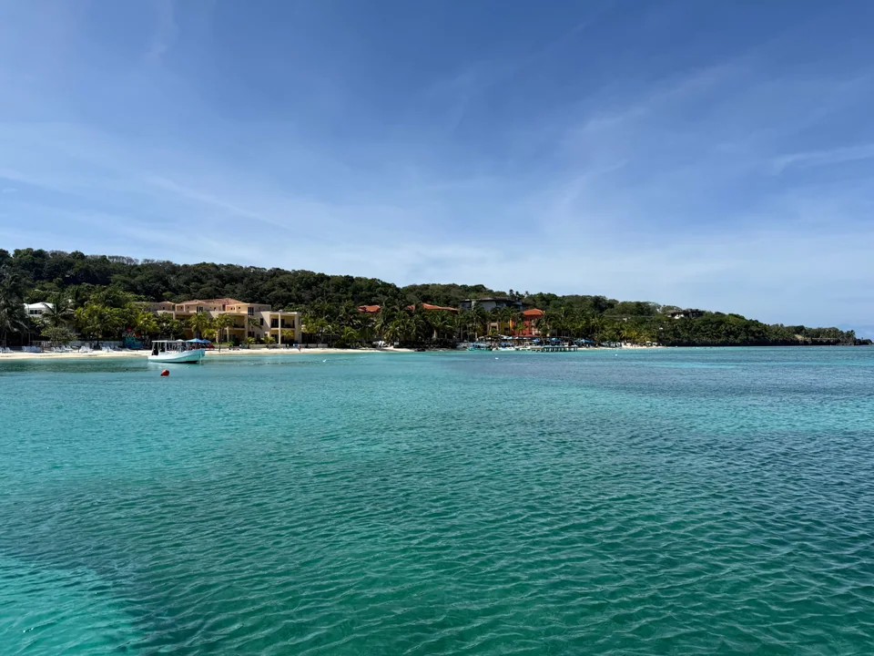 West Bay shoreline with palm trees and clear shallow water