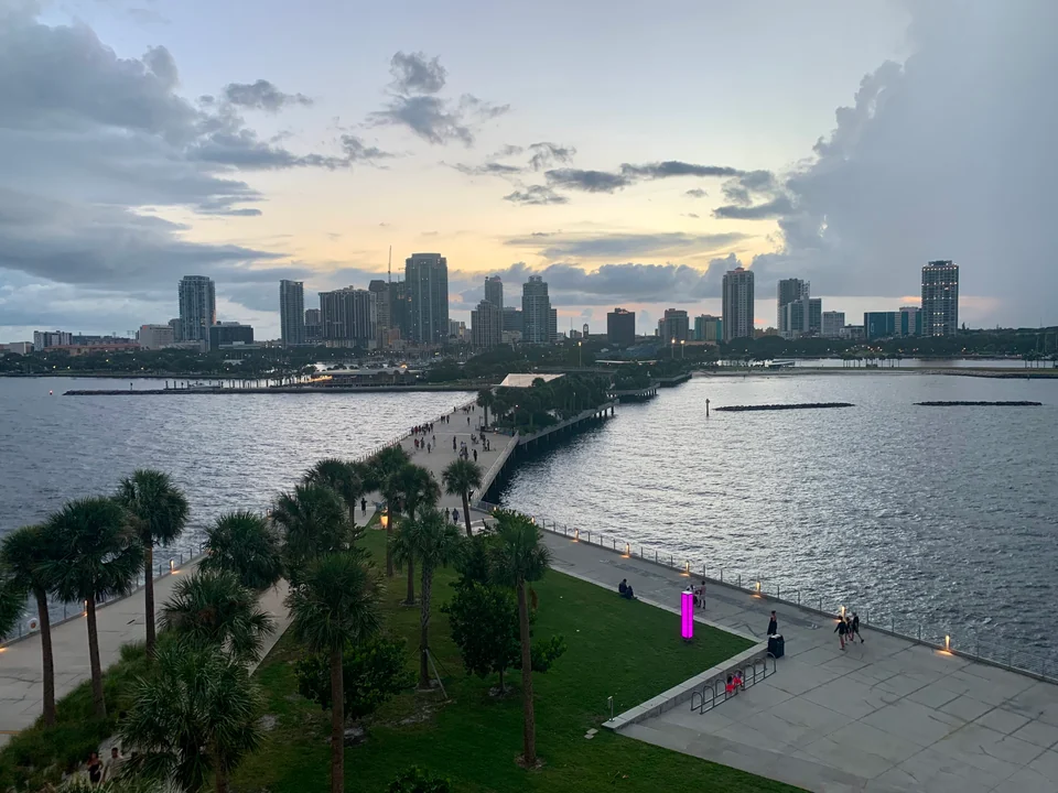 Downtown St. Petersburg skyline and waterfront paths seen from the Pier