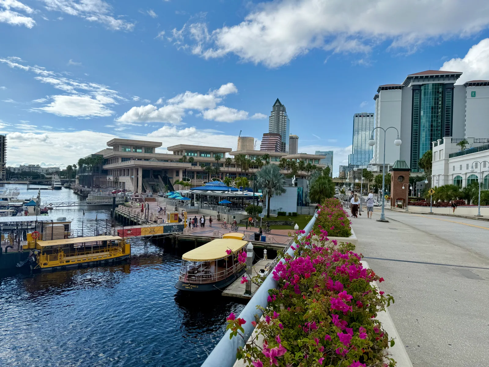 Flower-lined waterfront path with boats, the convention center and Tampa buildings beyond